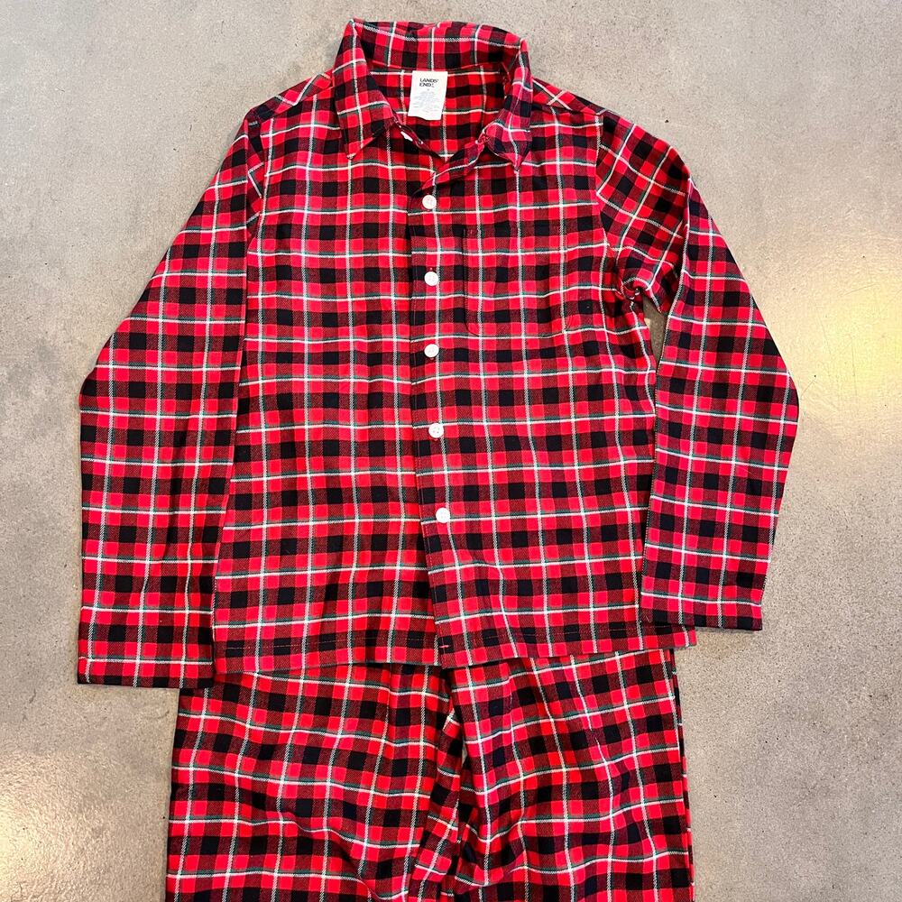 Lands End Red Green Christmas Plaid fleece button down pajama set boys 10 NEW